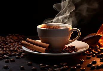 Obraz premium Still life with steaming coffee and coffee beans in dramatic tones