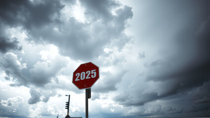 The lettering 2025 on or as a sign in front of a cloudy sky, future prospects for the coming year