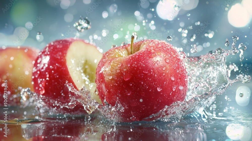 Poster fresh red apples splashing in water with bokeh lights