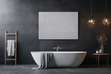 Elegant Bedroom Design with Canvas Poster Featuring a Bathtub in the Background