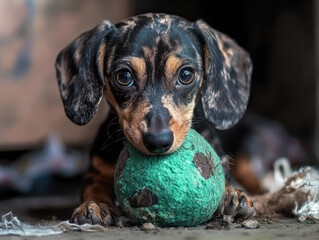 Mischievous puppy plays with a shredded toy in a messy living room filled with soft debris