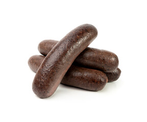 Black pudding isolated, blood sausage kaszanka, traditional Polish terrine, brawn sausages on white