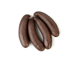 Black pudding isolated, blood sausage kaszanka, traditional Polish terrine, brawn sausages on white