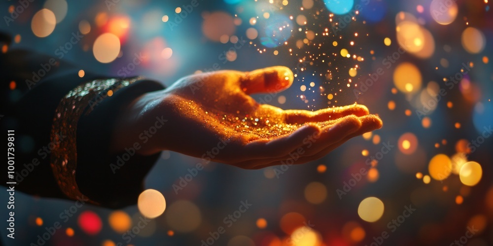 Poster a hand reaches out to catch a cascade of shimmering particles. the background is vibrant with colorf