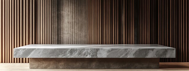  Gray kitchen marble tabletop for product presentation. Empty countertop mockup on brown wall panels with wooden slats. Clean podium for luxury bar or beauty advertisement. 