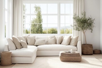 Fototapeta premium Modern Living Space: Stylish Design with Minimalist Furniture in White and Beige Palette