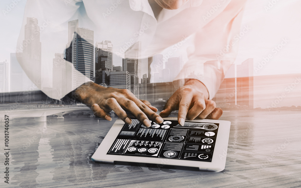 Poster data analysis for business and finance concept. interface showing future computer technology of prof