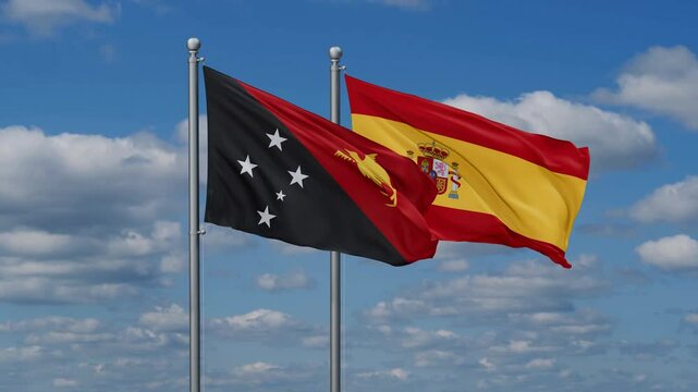 Spain and Papua New Guinea flags flying together, video concept of the relationship, two country cooperation concept