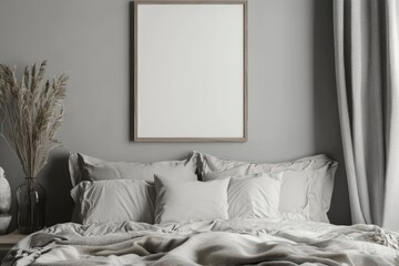 Modern Bedchamber Interior with Grey Decor and Artistic Poster Mockup