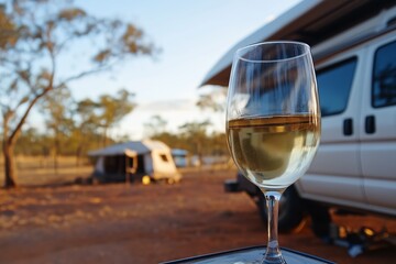 Obraz premium A glass of wine is on a table in front of a trailer. The scene is peaceful and relaxing, with a beautiful view of the trees in the background