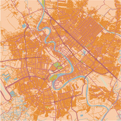 Map of Baghdad in Iraq in a sandy theme. Contains layered vector with roads water, parks, etc.
