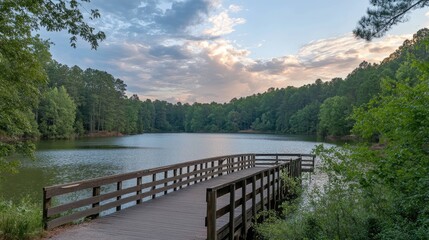 Obraz premium A wooden pier extends into a tranquil lake, surrounded by lush green trees and a serene sky with clouds.