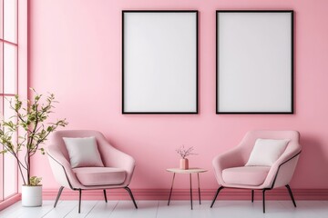 Modern Living Room Interior with Pink Armchair and Stylish Square Frames