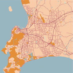 Map of Cape Town in South Africa in a sandy theme. Contains layered vector with roads water, parks, etc.