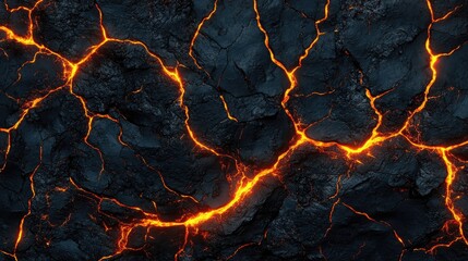 Naklejka premium Abstract textured background of molten lava flowing through cracks in a dark rock surface.