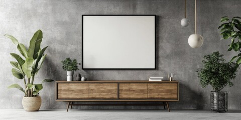 Modern Living Room Interior with Standing Canvas and Stylish Sideboard