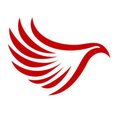 Fototapeta premium Stylized red wing design symbolizing freedom and inspiration, positioned against a white background