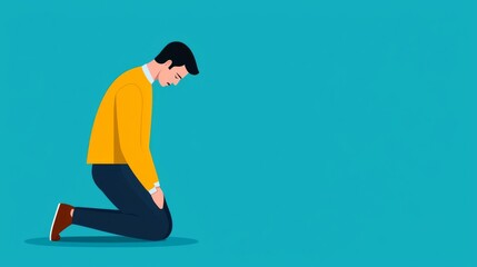 Man kneeling, head bowed, silent emotional suffering, flat design illustration, copy space for text,