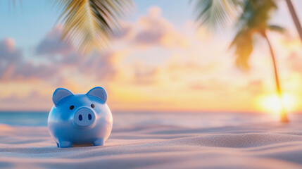 light blue piggy bank in front of a blurry tropical beach