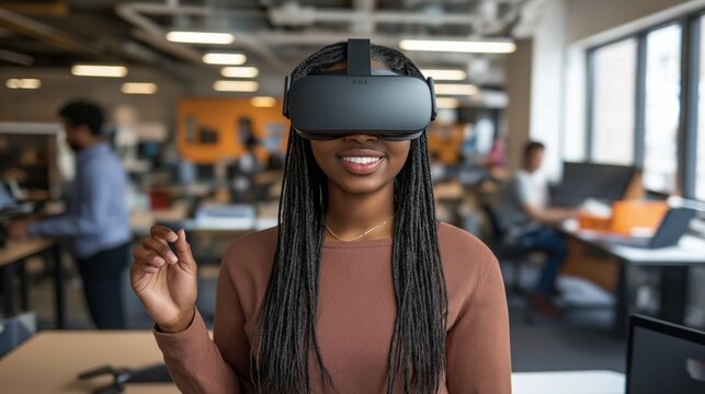 African American Woman Enjoying Virtual Reality Experience in Modern Office Environment for Technology and Innovation Concept