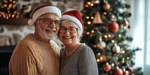 A couple in santa hats pose in front of a Christmas tree. The man is wearing a brown sweater and the woman is wearing a black dress. They are smiling and seem to be enjoying the festive atmosphere