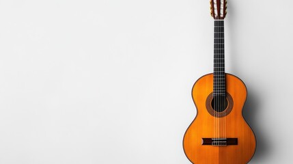 Vintage Acoustic Guitar on White Background with Copy Space, Top View