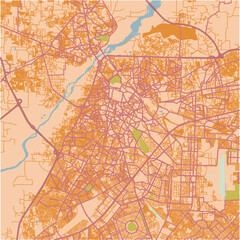 Map of Lahore in Pakistan in a sandy theme. Contains layered vector with roads water, parks, etc.