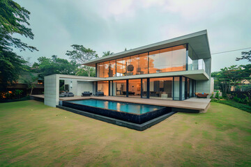 Fototapeta premium Contemporary, minimalist villa home featuring a pool and large glass windows.