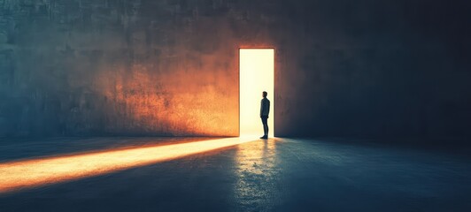 An illustration of a person standing in front of a door, half-open, with light streaming through, representing the choice to move forward or remain stuck in past regrets
