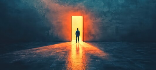 An illustration of a person standing in front of a door, half-open, with light streaming through, representing the choice to move forward or remain stuck in past regrets