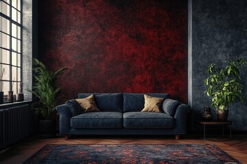 Modern Loft Living Room with Stylish Sofa and Dark Red Accents
