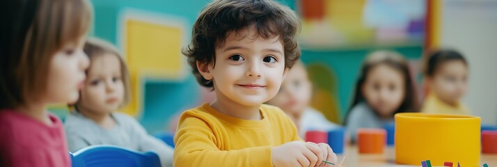 A group of children are sitting at a table with blocks and a yellow shirt is visible. Scene is happy and playful