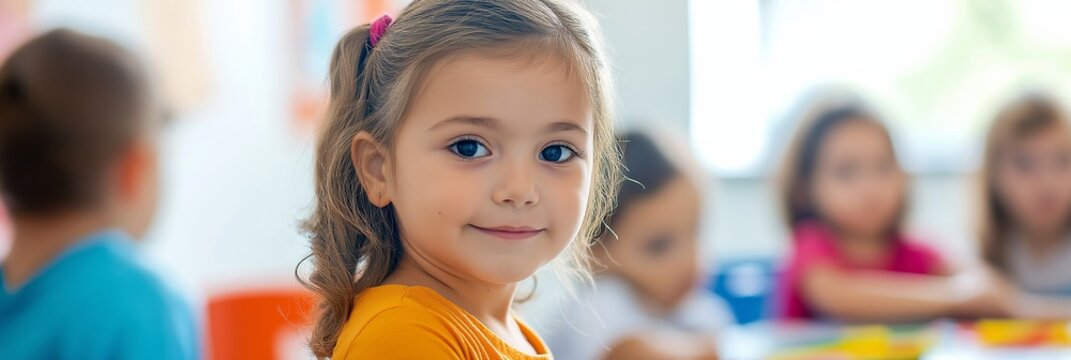 A little girl with her hair in pigtails is smiling at the camera. She is surrounded by other children, some of whom are sitting at a table