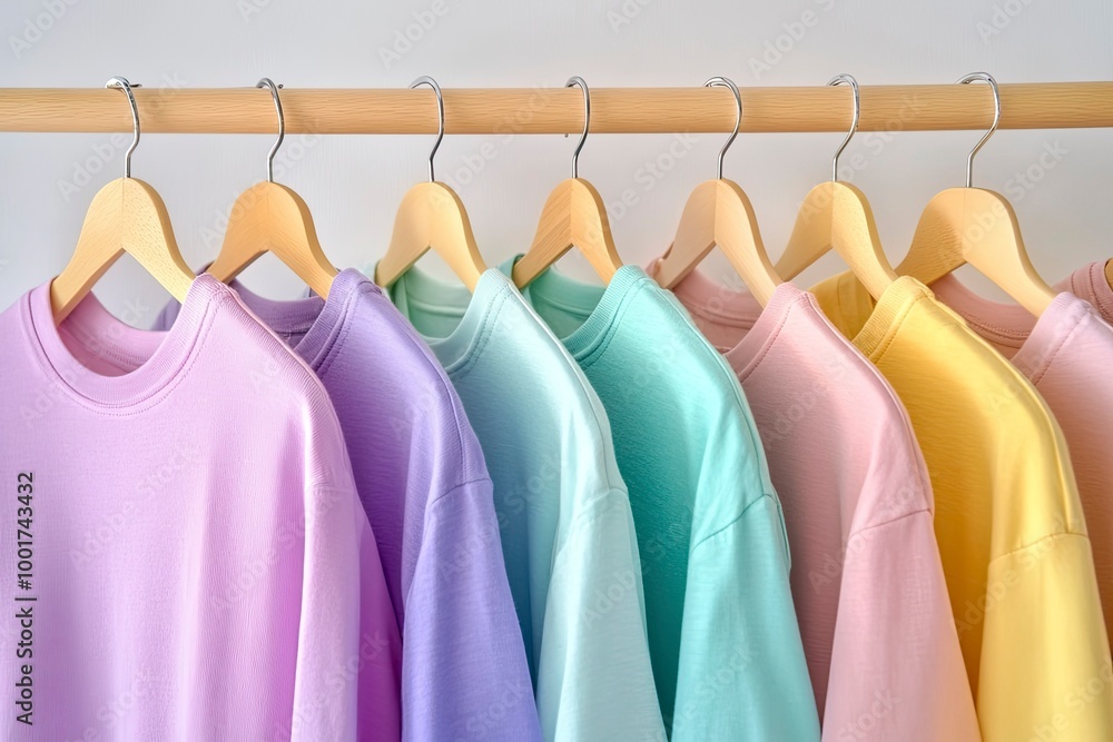 Wall mural close up a collection of pastel color t-shirts hanging on a wooden clothes hanger in closet or cloth