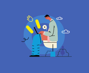Creative workspace, modern flat vector concept illustration of a man working sitting on the toilet with a computer Remote work, flexibility, independence, efficiency, mobility, synergy, freedom