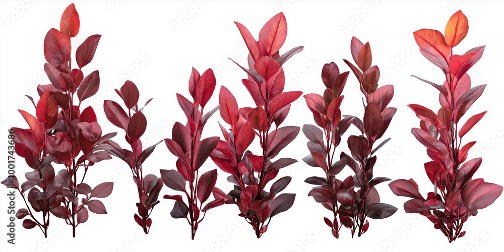 Poster a row of red plants with leaves. the plants are all different sizes and are arranged in a line