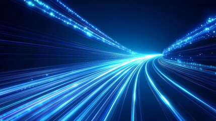  A digital image showcasing vibrant light rays blue light on blue background creating a sense of speed and motion blur. Energy technology concept.