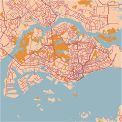 Map of Singapore in Singapore in a sandy theme. Contains layered vector with roads water, parks, etc.