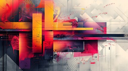Abstract modern art concept vibrant patterns and retro elements blending technology and business themes creating a visually stunning graphic design