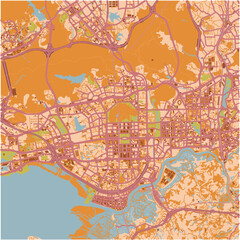 Map of Shenzhen in China in a sandy theme. Contains layered vector with roads water, parks, etc.