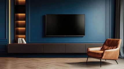 Modern Living Room Interior with TV Cabinet, Leather Armchair, and Blank Dark Blue Wall