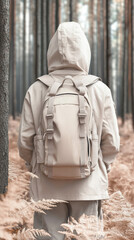 Fototapeta premium A lone hiker walks through a forest, their back turned to the camera.