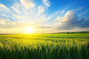 Fototapeta premium Green field and beautiful sky. generative AI