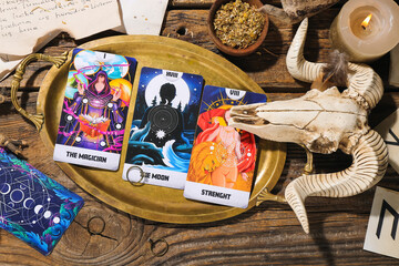 Witch's magic attributes with tarot cards on wooden table
