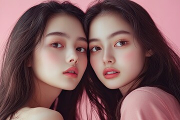 Close up portrait beauty shot of two young beautiful Asian girls looking at camera isolated on pink background. with generative ai
