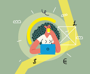 Creative workspace, modern flat vector concept illustration of a woman drinking coffee working sitting with a computer Remote work, flexibility, independence, efficiency, mobility, synergy, freedom
