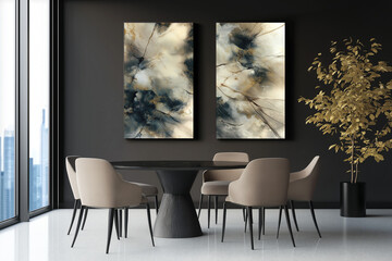 Modern dining room with abstract paintings and beige chairs