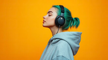 Close up side view young fun happy woman with dyed green hair wearing hoody casual clothes listen to music in headphones isolated on plain yellow orange background studio portrait. with generative ai