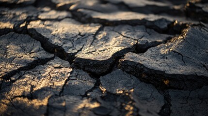 Close-up of dry, cracked earth, illuminated by sunlight, revealing a pattern of fissures and texture.