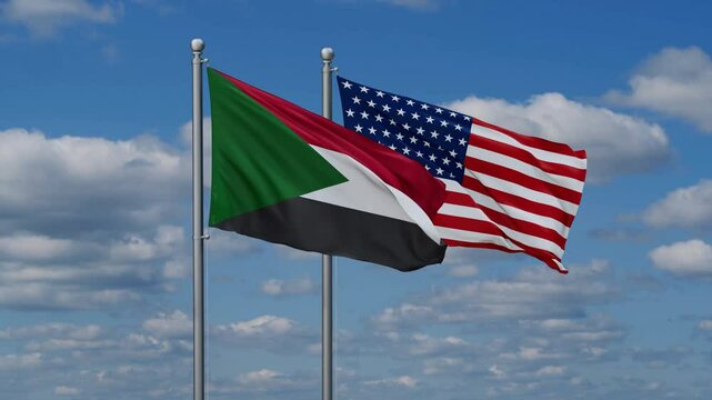 USA and Sudan flags flying together, video concept of the relationship, two country cooperation concept